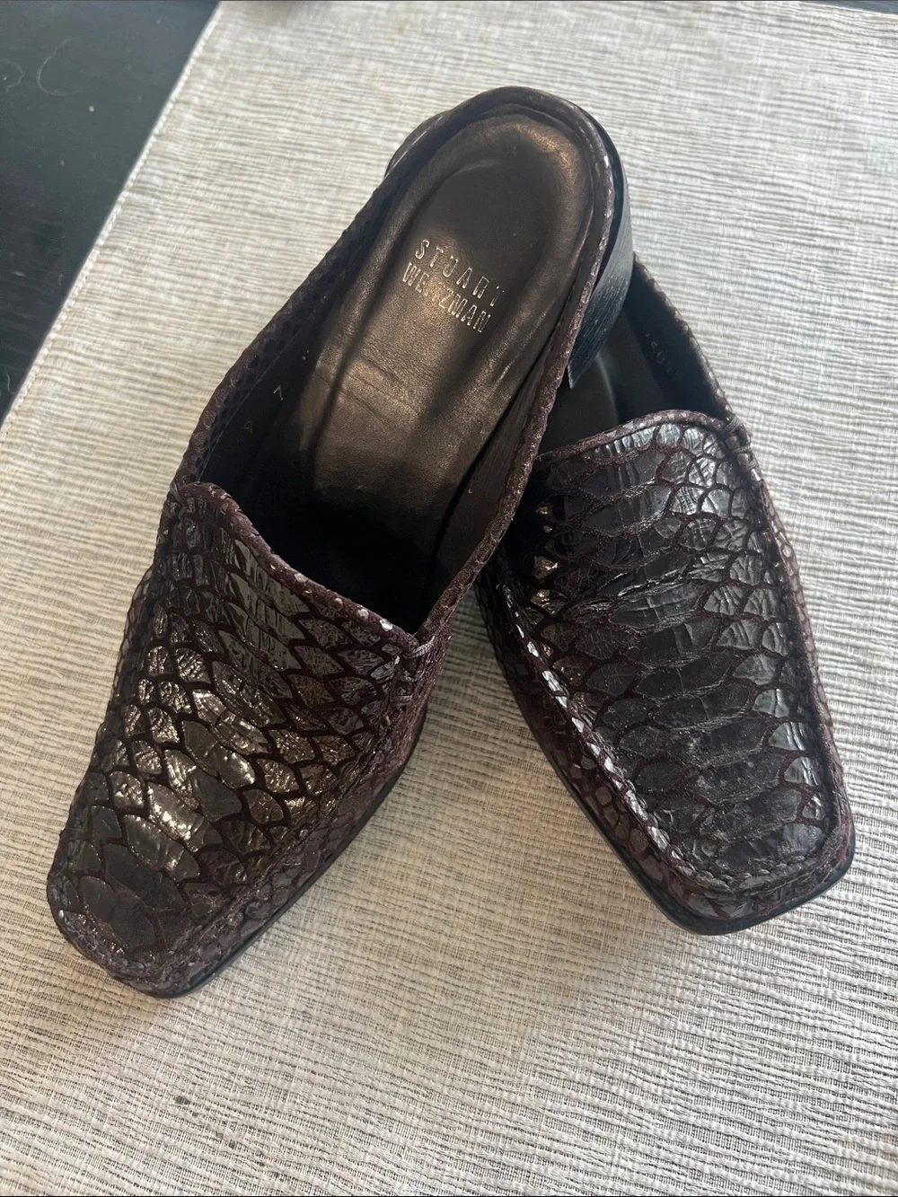 Stuart Weitzman women animal snake Embossed Loafers Mile in Deep Brown
